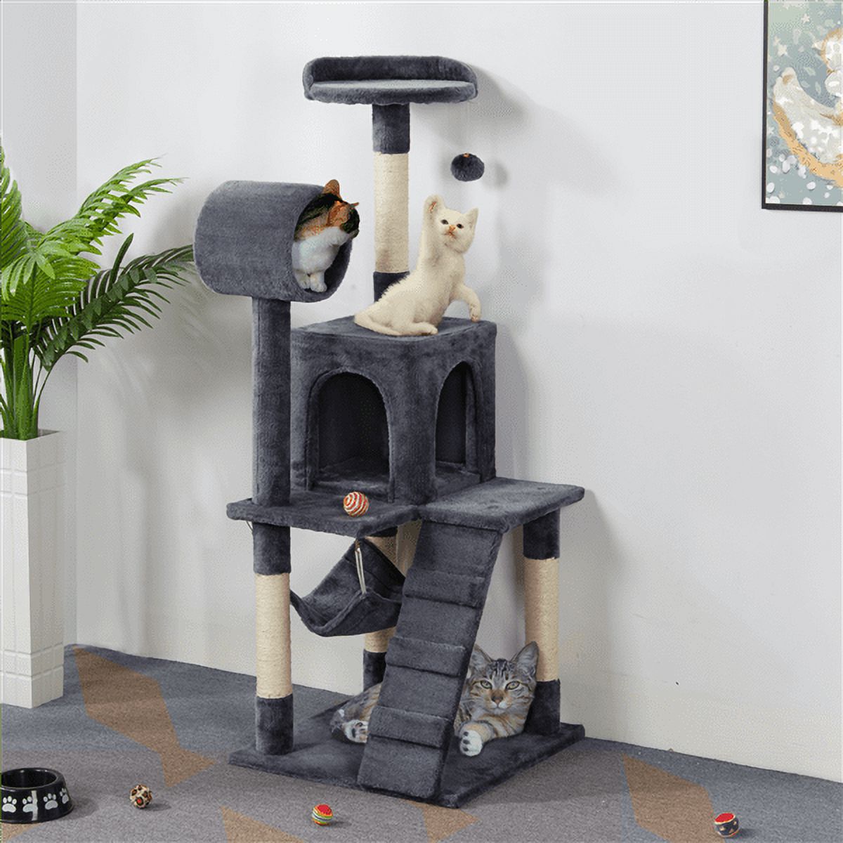 Alden Design 51" Cat Tree with Hammock and Scratching Post Tower, Dark Gray - image 2 of 17