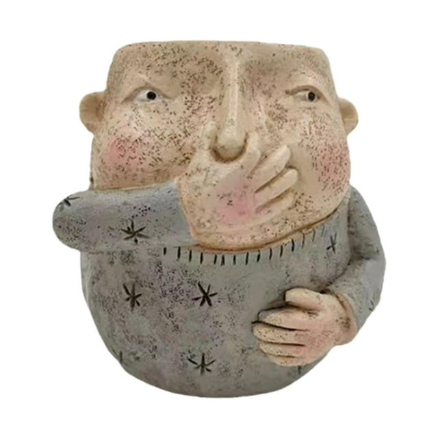 Maceta con forma de cabeza divertida, linda escultura, figura creativa de resina, estatua con cara y flores. Chico
