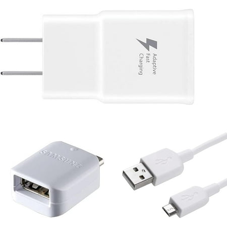 Samsung Fast Adaptive Wall Adapter Charger for Galaxy S7 Edge S6 Plus Note 5 4 J3 J5 J7 Prime EP-TA20JWE - 5 Foot Micro USB Cable and OTG Adapter - White