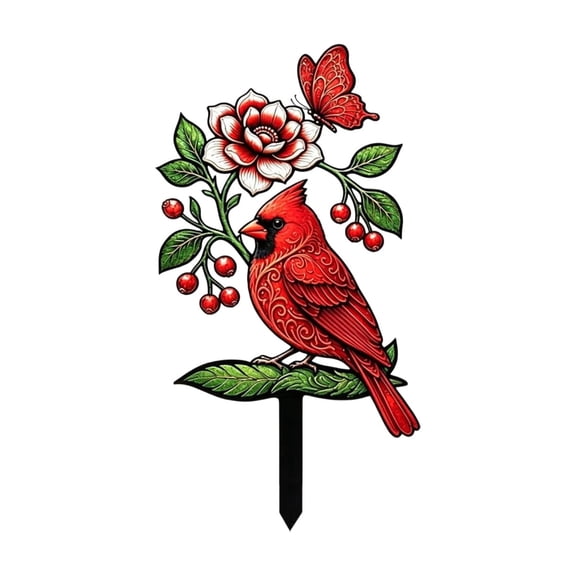 Acrylic Garden Stake with Cardinal and Flower Design for Outdoor Lawn Yard Decoration Suitable for Garden Pathways and Flowerbeds