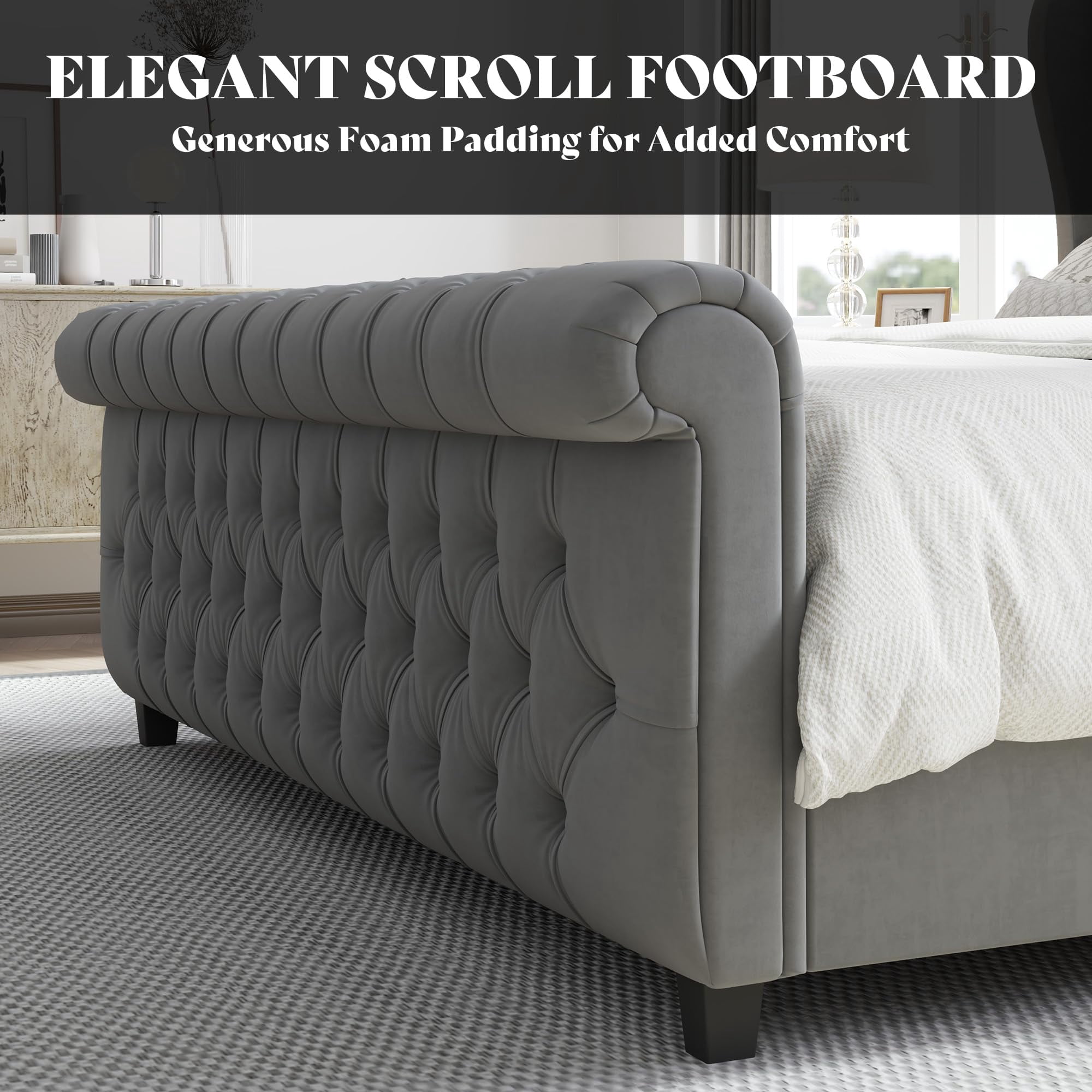 Merluxy California King Size Platform Bed Frame, Velvet Upholstered Sleigh Bed with Scroll Wingback Headboard & Footboard/Button Tufted, Grey