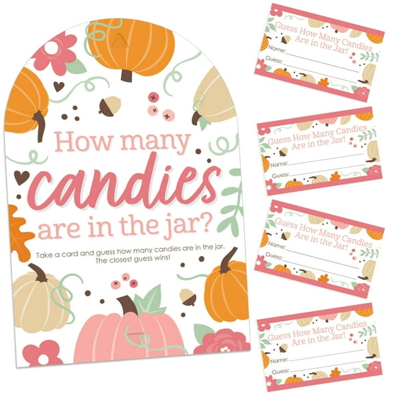 Big Dot of Happiness Girl Little Pumpkin - How Many Candies Fall Birthday Party or Baby Shower Game - 1 Stand and 40 Cards - Candy Guessing Game