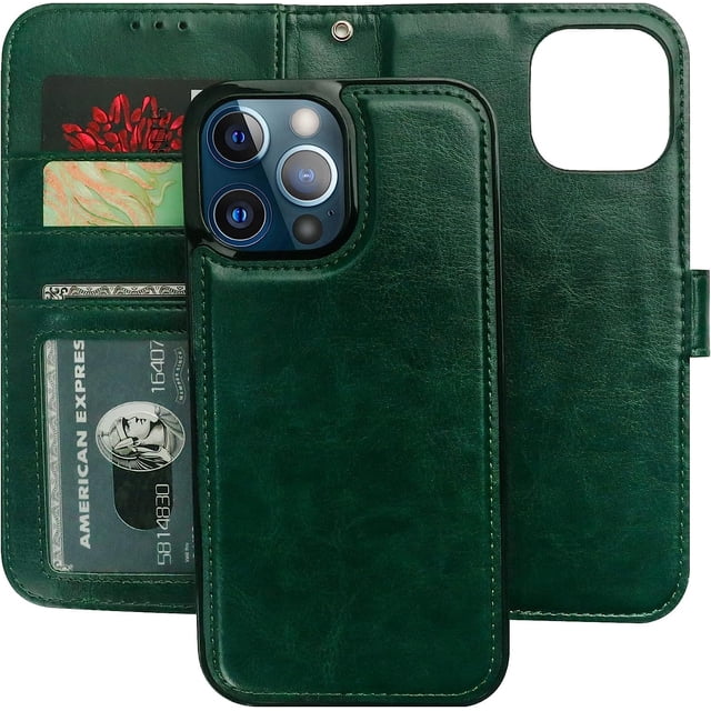 Funda tipo cartera desmontable para iPhone 13 Pro, con bloqueo RFID, ranuras para tarjetas, soporte de piel sintética premium, soporte magnético, correa de muñeca a prueba de golpes, funda protectora