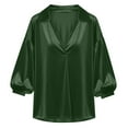thumbnail image 4 of Hurxie Womens 3/4 Sleeve Tops Button Down Shirts V Neck Pleated Casual Loose Blouses Roll Up Sleeve Shirt Green L, 4 of 5