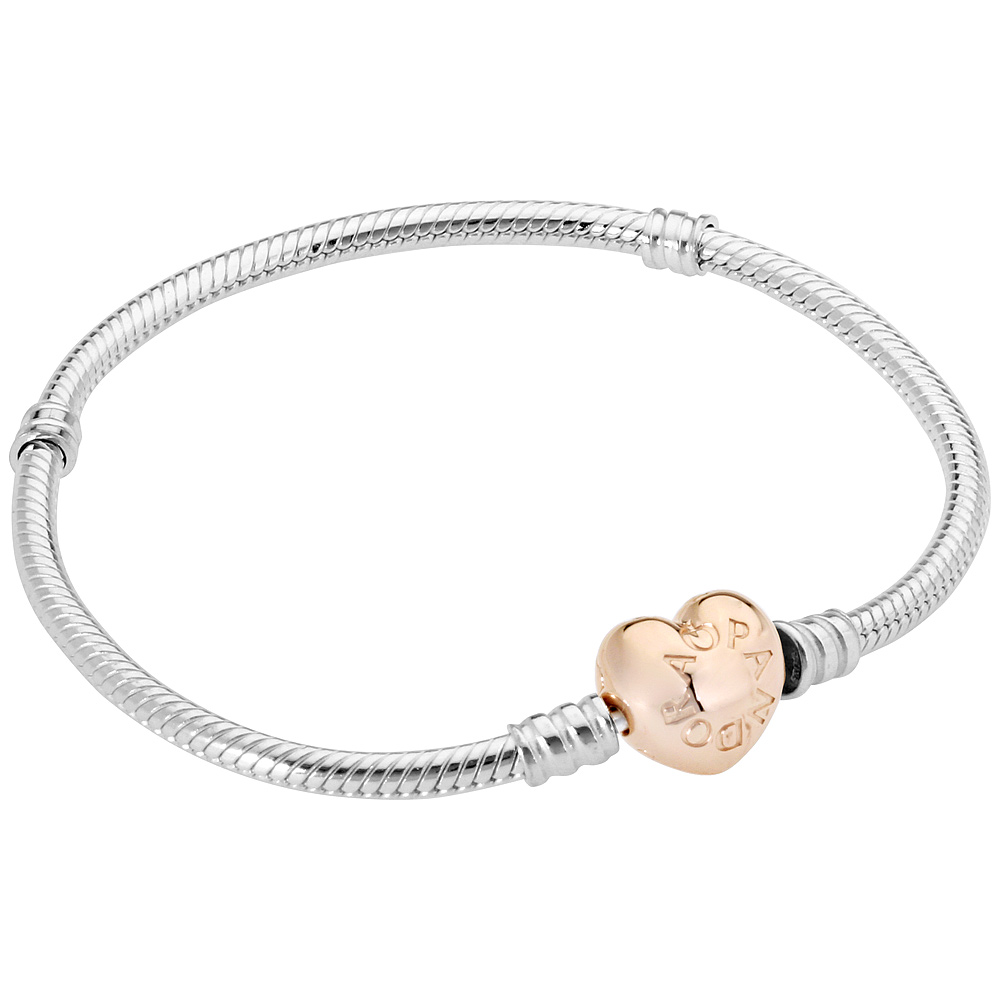 Pandora Moments Women's Sterling Silver Snake Chain Charm Bracelet with Rose Gold Heart Clasp - image 3 of 3