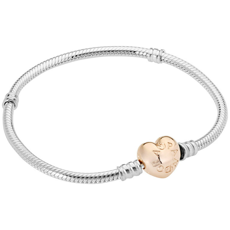 Pandora Women's Sterling Silver Snake Chain Charm Bracelet with Rose Gold  Heart Clasp 