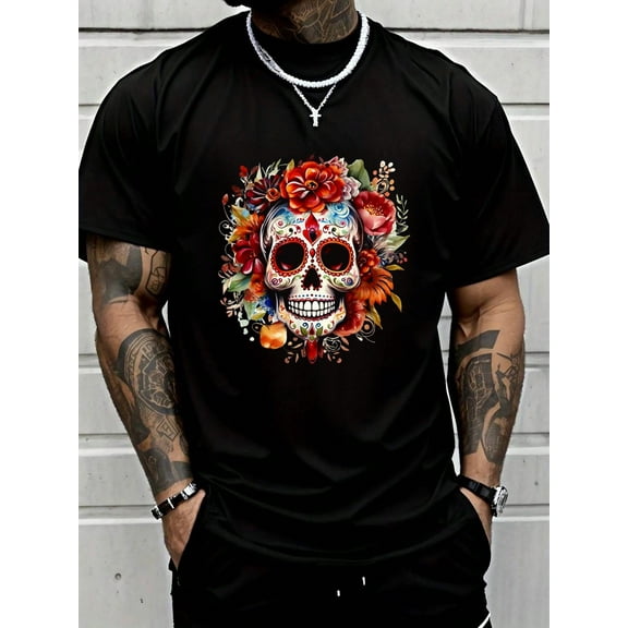 100% Cotton Day Of The Dead Flower Sugar Skull El Dia De Los Muertos T-Shirt Summer Men's Short-Sleeved Shirt