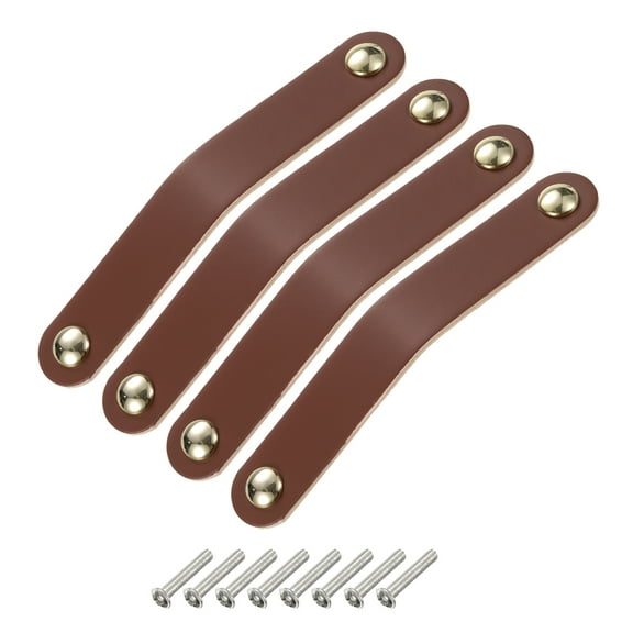 4 Packs Leather Drawer Pulls Double Hole Knobs with Screws, Brown/Gold(Hole Spacing:128mm)