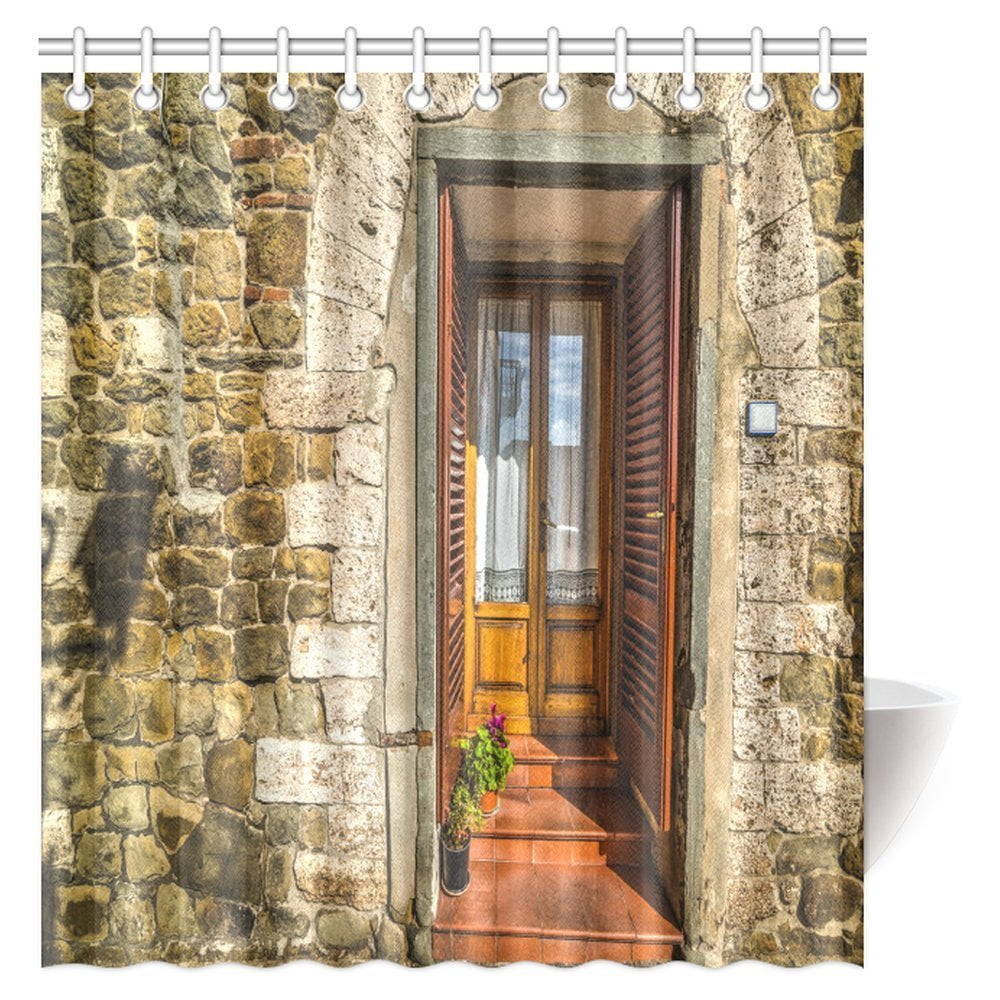 MYPOP Rustic Shower Curtain, Medieval Facade Italian Rustic Wooden Door Brick Wall in Small