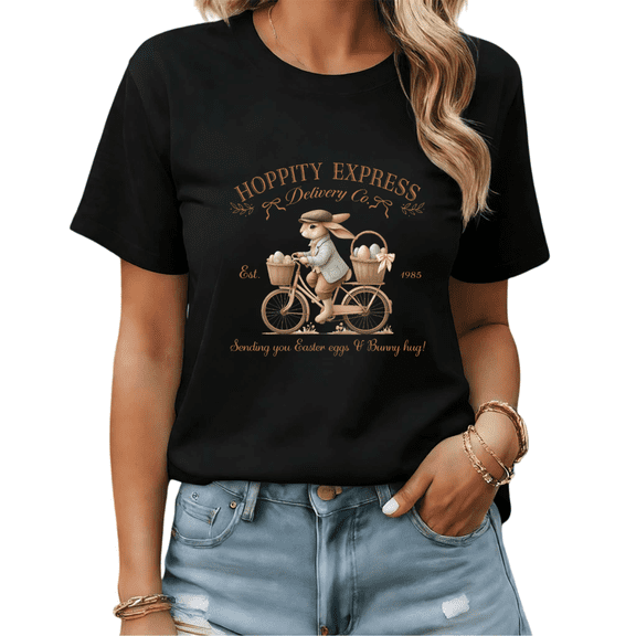 Black Easter Bunny Bicycle Hoppity Express T-Shirt Graphic Tees Shirts Easter Day Casual S-5XL Tops