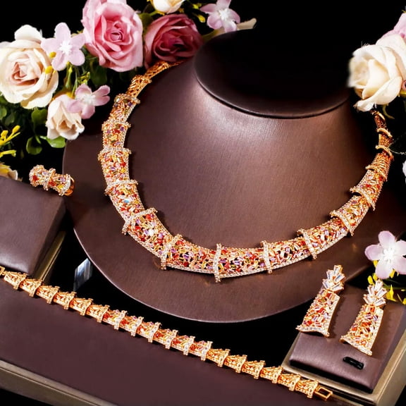 Top 4pcs Cubic Zircon Wedding Necklace Earring CZ Yellow Gold Plated Jewelry Set