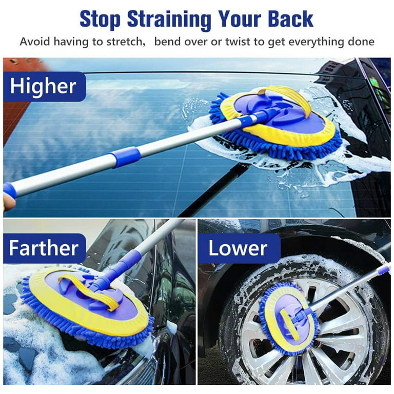 Carcarez Car Wash Brush Kit with 45 inch Aluminum Alloy Long Handle, 3 in 1 Car Cleaning Mop, Chenille Microfiber Mitt Set, Glass Scrubber Vehicle