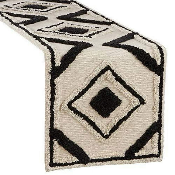 Fennco Styles Textured Geometric Design Cotton Rug Shag Table Runner 16 x 72 Inch Rectangular â€“ Natural Black Table Cover for Home DÃ©cor, Dining Table, Banquets, Easter, Holidays and Sp