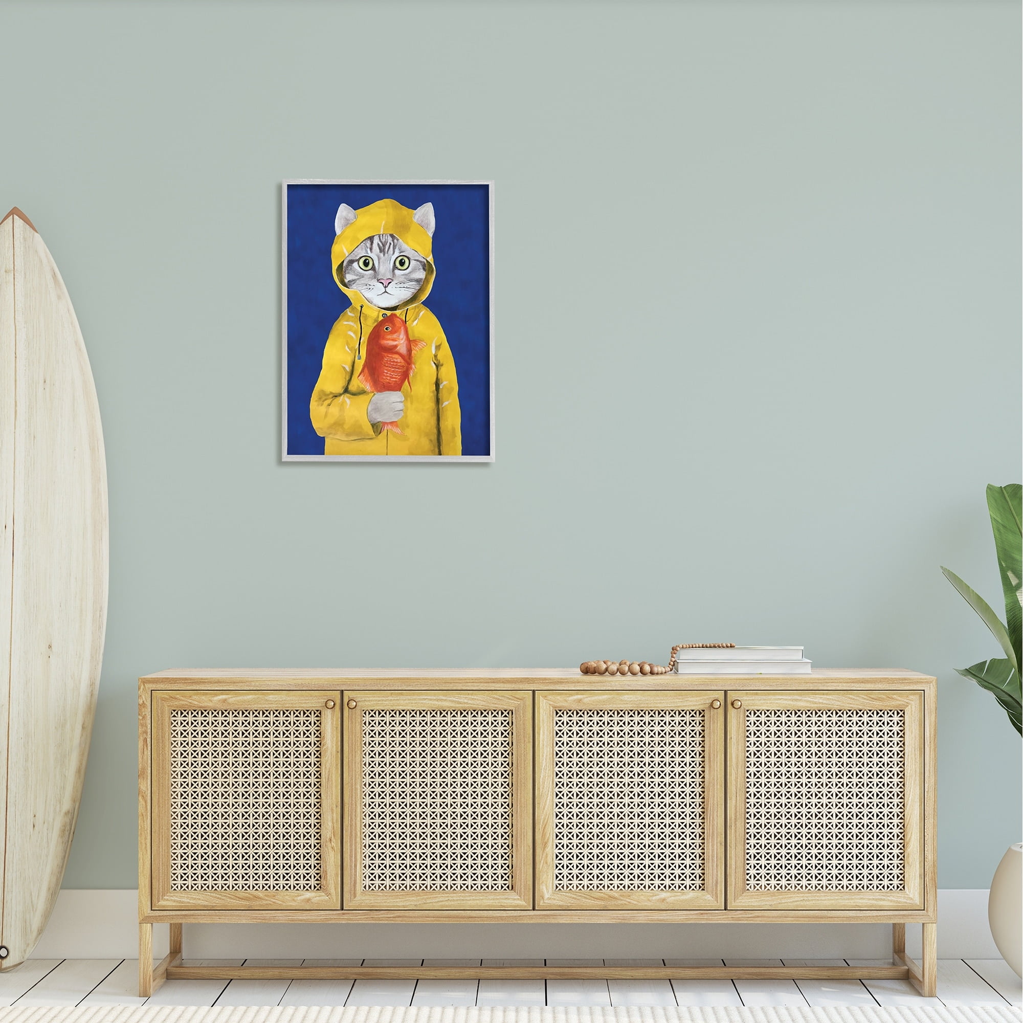 Stupell Industries Fisherman Feline Yellow Coat Cat Graphic Art Framed Art Print Wall Art, 24x30, By Coco de Paris