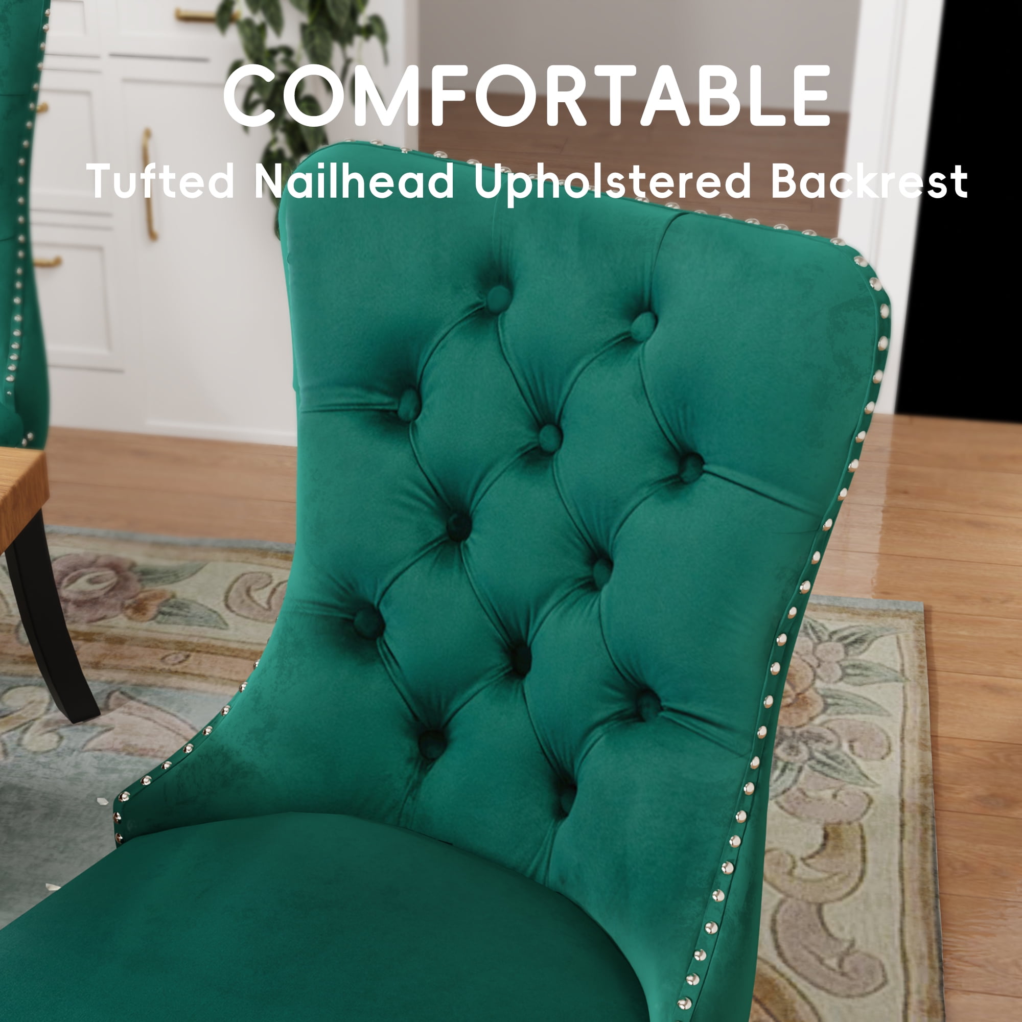 DONICK Velvet Upholstered Dining Chairs , Kitchen & Dining Room Chairs, Nailheads Tufted, Soft, Solid Wood Frame (Green, Set of 4)