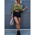 thumbnail image 4 of Women'S Cropped Denim Shirt Roll Up 3/4 Sleeve Casual Loose Drawstring Hem Button Front Jean Jacket Olive Color S, 4 of 7