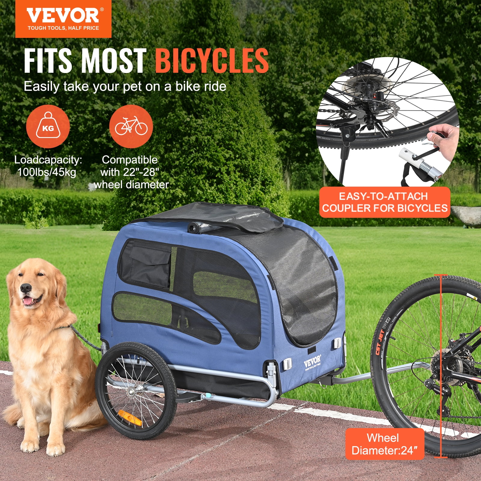 Vevor Dog Bike Trailer Supports Up To 100 Lbs Pet Cart Bicycle Carrier Easy Folding Frame With Quick Release Wheels Universal Bicycle Coupler Ref