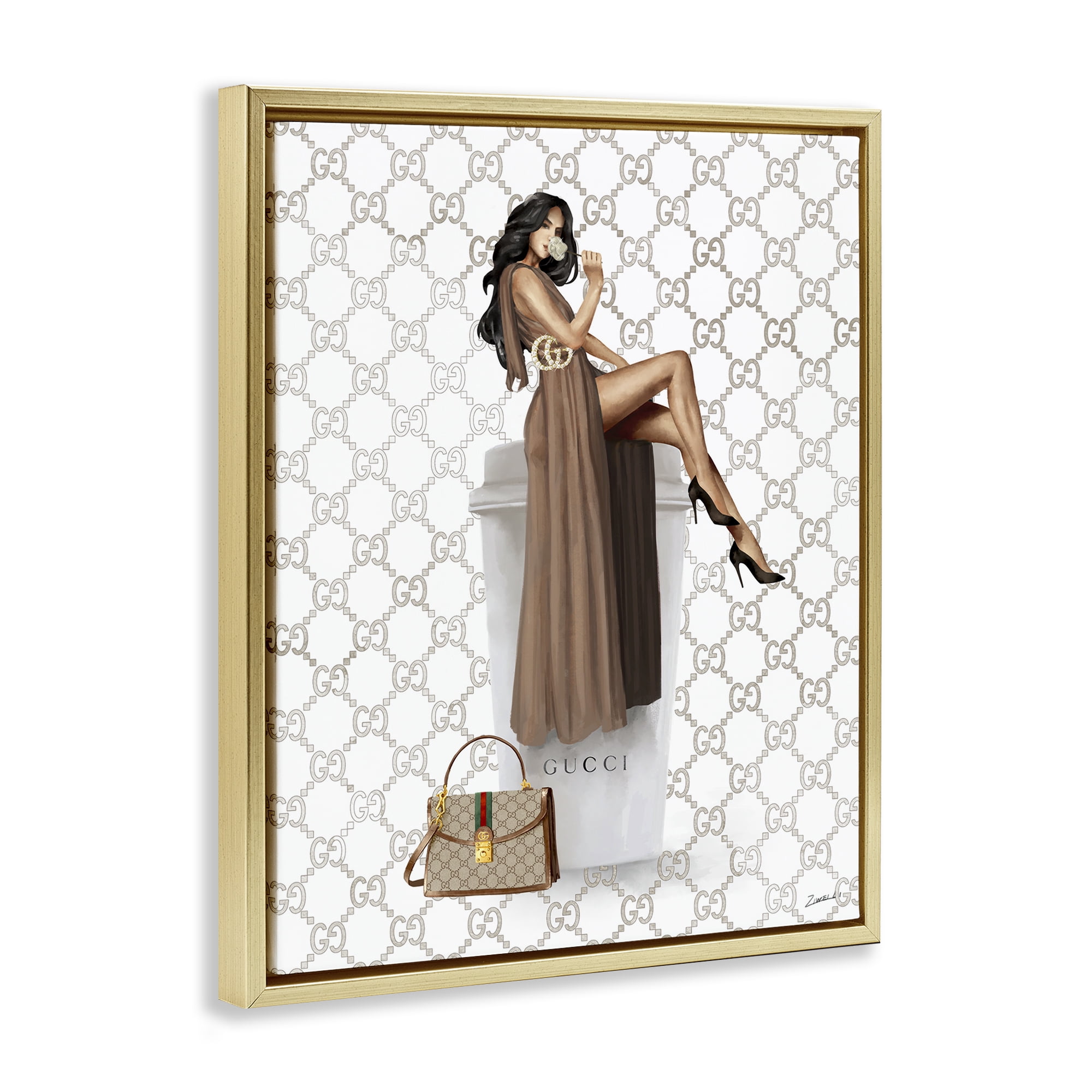Stupell Industries Chic Woman & Coffee Beauty & Fashion Painting Gold Floater Framed Art Print Wall Art, 17 x 21