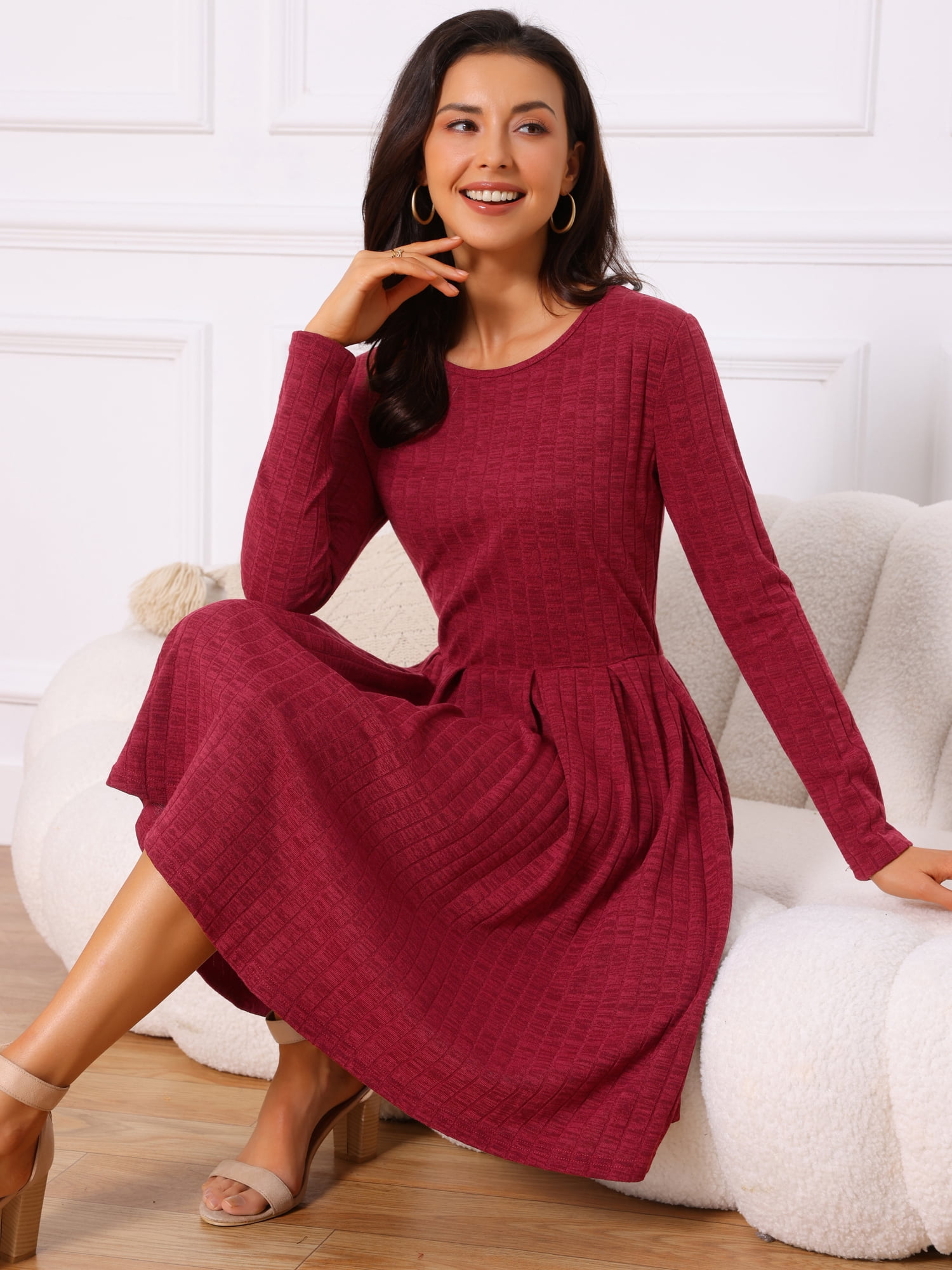 DARING DIVA Long Sleeve Round Neck A- Line Swing Knee Length Dress S Wine Red