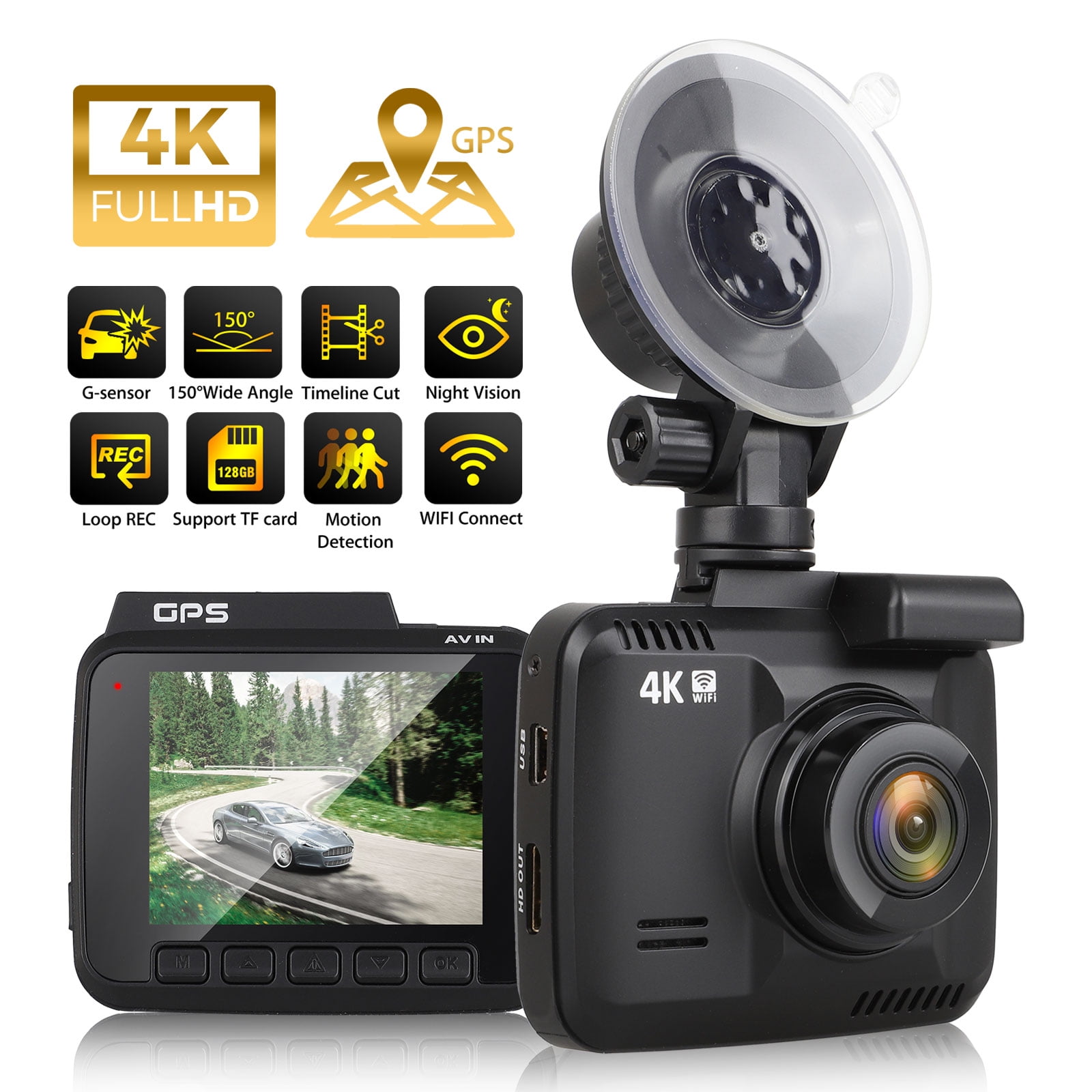 UHD 2160P Car Dash Cam with Built in WiFi & GPS, 4K Dashboard Camera
