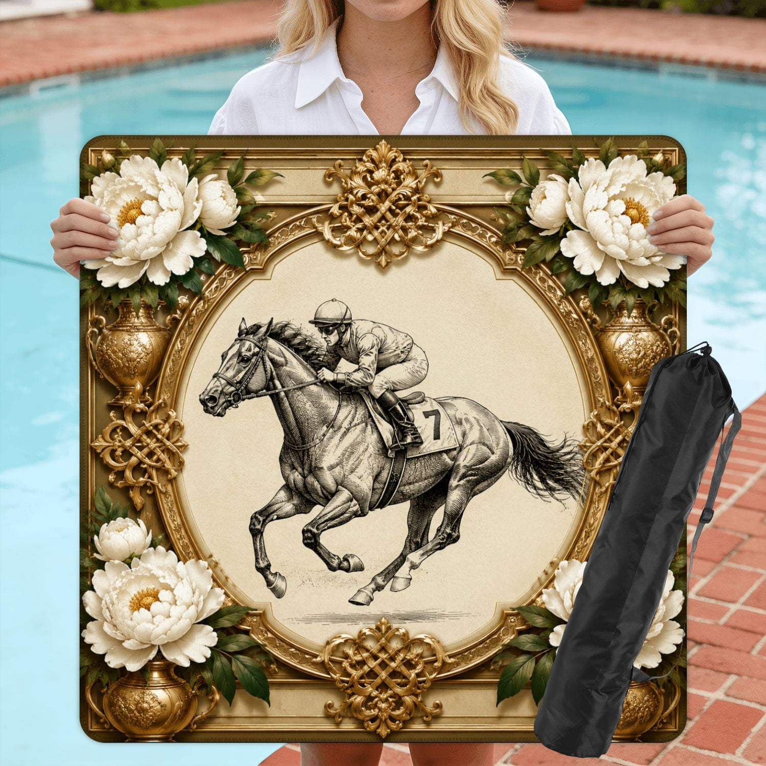 Mahjong Mat 31.5" x 31.5" Horse Jockey Vintage Equestrian Frame Non-Slip Noise Reduction American Mahjong Tiles Table Cover for Dominoes Poker Card Board Games Gift