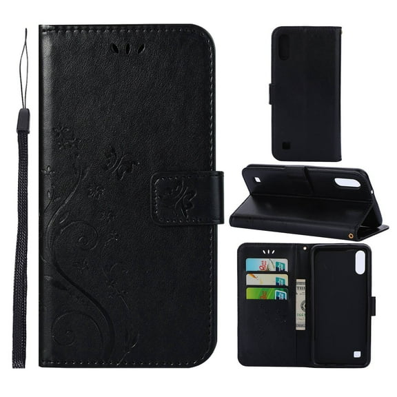 Samsung Galaxy A10 Wallet Case, Dteck Embossed Flower PU Leather Magnetic Flip Stand Case Cover [Built-in Card Slots][w/ Hand Strap] For Samsung Galaxy A10, Black