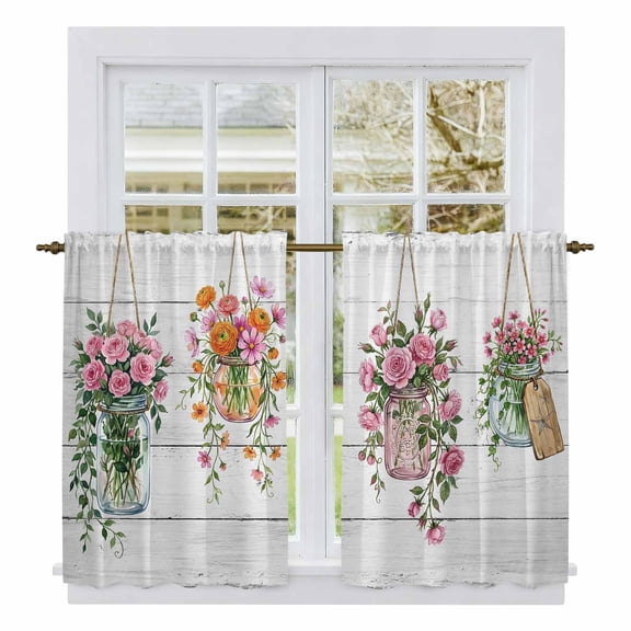 Pink Spring Floral Kitchen Curtain for Berdoom Living Room Cafe 54 Inch Length, Wooden Elegant Farmhouse Botanical Tiers Curtains Light Filtering Drapes Rod Pocket Window Treatment 2 Panels 52"Wx54"L