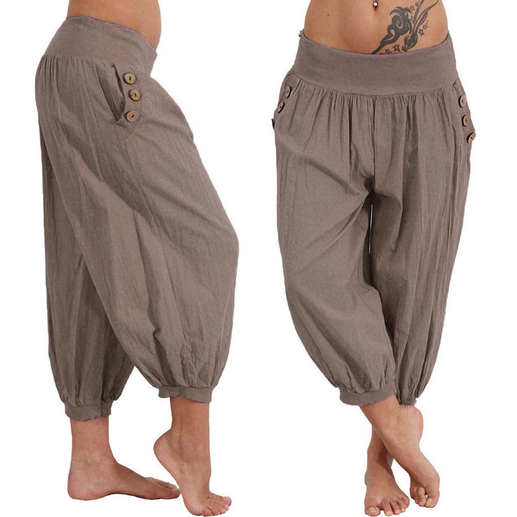 Mikey Store Women Elastic Waist Boho Check Baggy Wide Leg Summer Casual Yoga Capris Pants 