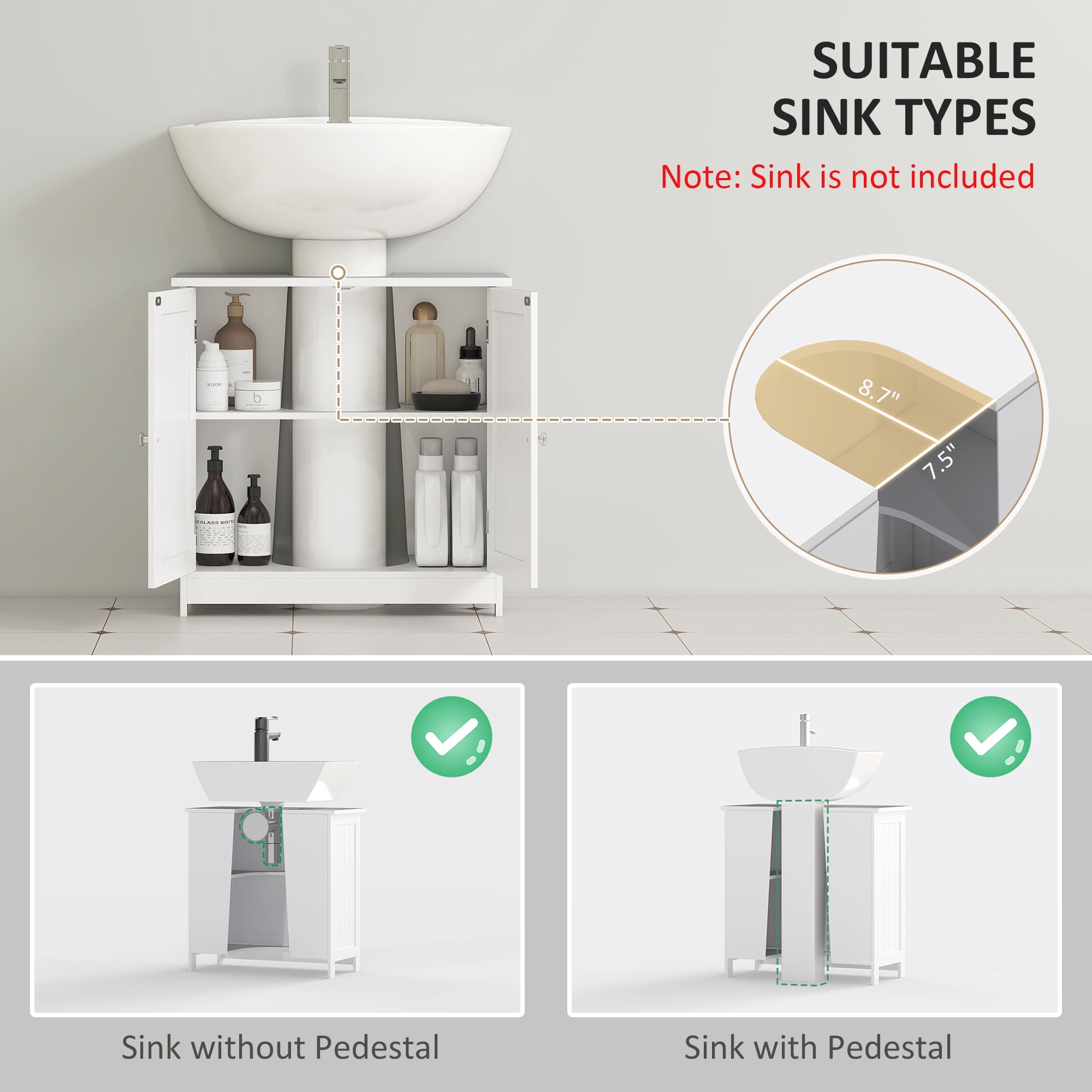 HOMCOM 24" Under Sink Storage Cabinet with 2 Doors and Shelves, Pedestal Sink Bathroom Vanity Furniture, White