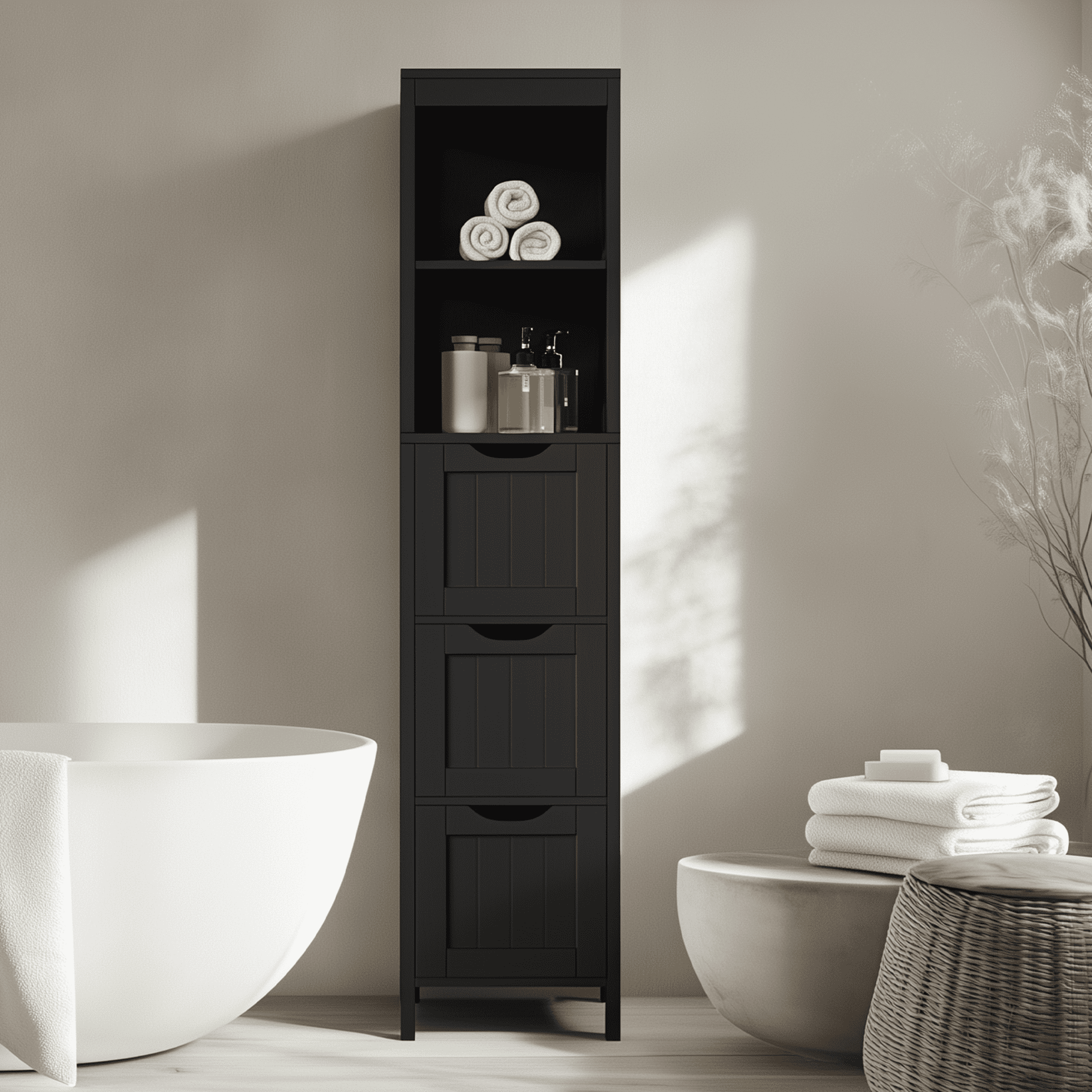 Alden Design 56″ H Bathroom Storage Cabinet with 3 Drawers, Black