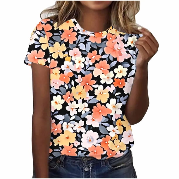 Camisas de Manga Larga para las Mujeres Suelto Ajuste Impreso Verano Sexy Cuello Redondo Superior, Poliéster Regular