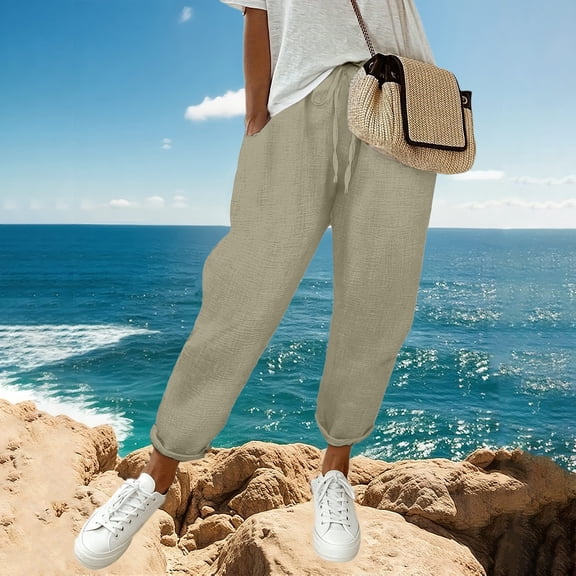 Linen Pants Women Drawstring Waist Ankle Length Casual Loose Fitting Trouser with Side Pockets for Summer Khaki S