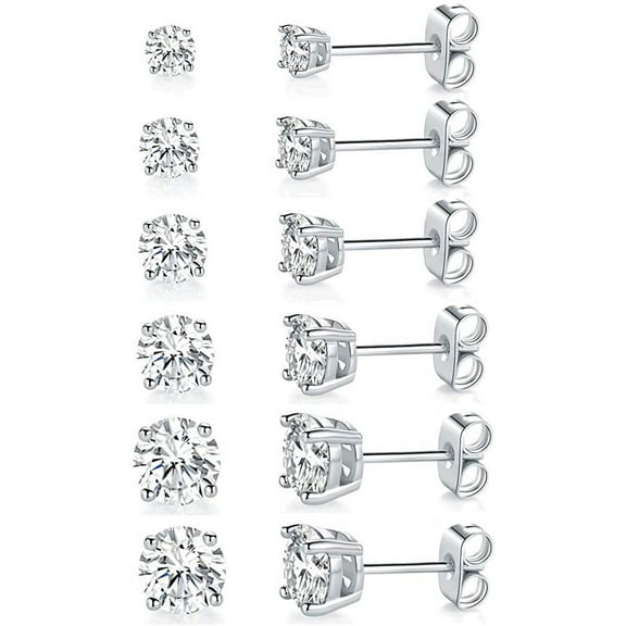 18K White Gold Plated 4 Pong Round Clear Cubic Zirconia Stud Earring Pack of 6 Pairs (6 Pairs)