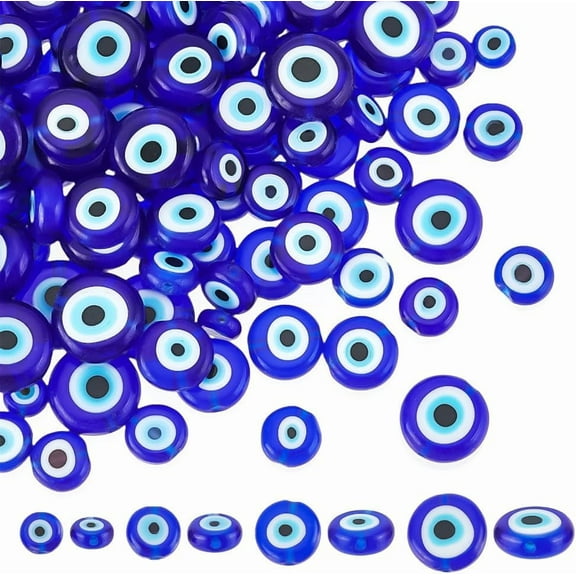 160 Pcs Lampwork Evil Eye Beads, 4 Sizes Lucky Blue Flat Round Beads 6mm 8mm 10mm 12mm Handmade Spacer Beads for Bracelet Necklace DIY Making Craft, 1mm Hole