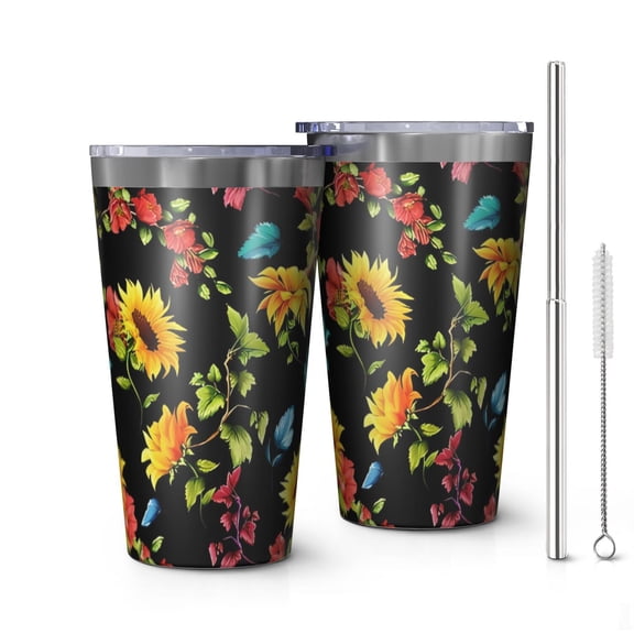 16oz Tumblers Black Colorful Flower Leaf Sunflower Pattern Stainless Steel Vacuum Insulated Double Wall Travel Tumbler Cups Mug with Lid and Straw,Cleaning Brush for Coffee,Tea
