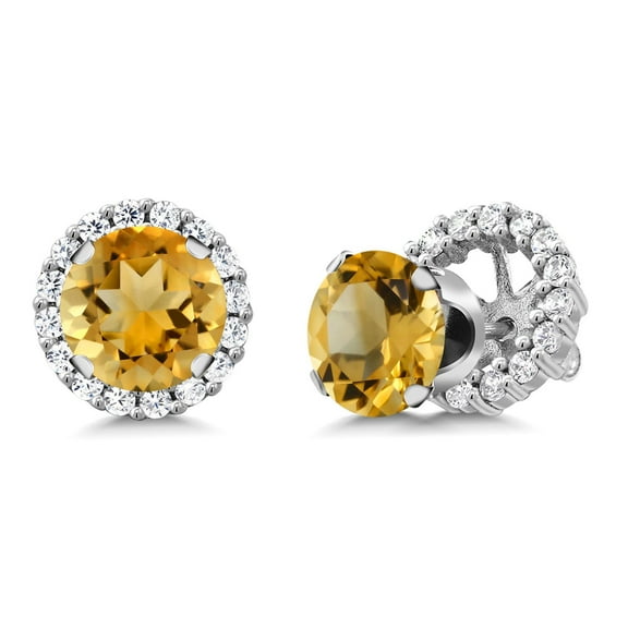 Gem Stone King 925 Sterling Silver Yellow Citrine Stud Earrings with Jackets for Women (3.04 Cttw, Gemstone November Birthstone, Round 7MM)