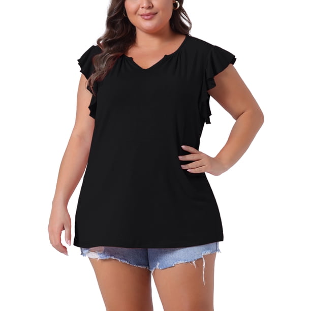 Blusa casual de mujer de talla grande Agnes Orinda, con cuello en V con muesca y mangas con volantes, verano, 1X, negra