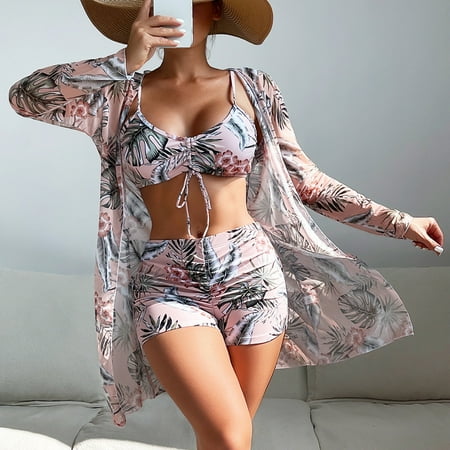 IDALL Tankini Swimsuits Bathing Suit Women 3 Piece Bikini Set Swimsuit Long Sleeve Push Up Swimwear Beach Cardigan Wear Bathing Suit Swim Suits for Women 2025 Womens Swimsuits Pink XL