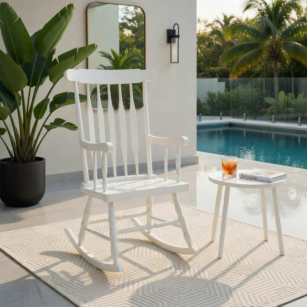 Hommoo Solid Rubber Wood Rocking Chair for Patio, Garden & Indoor Use, Ergonomic Outdoor Rocker with High Back & Curved Armrests, White