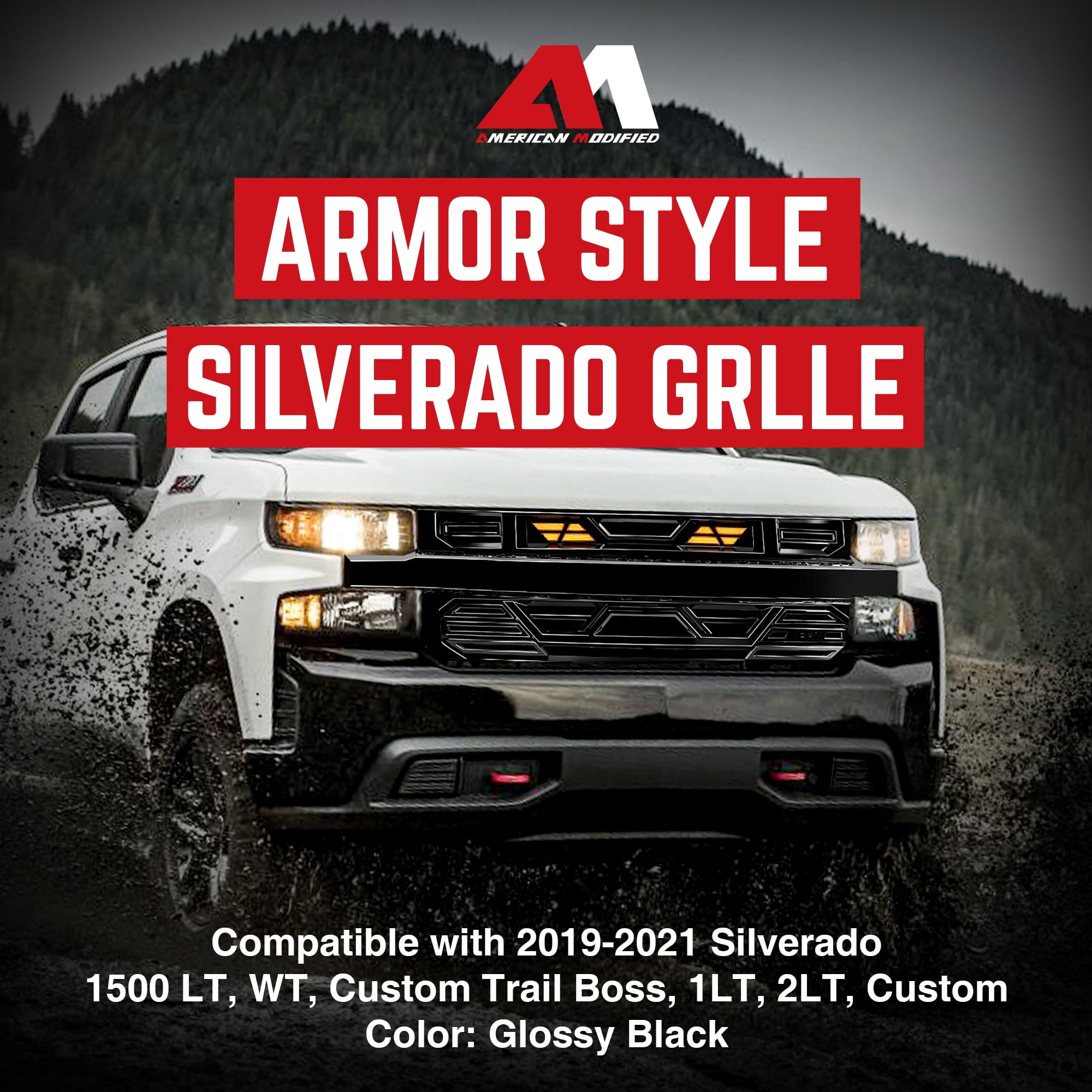 AMERICAN MODIFIED Grille w/LEDs for 19-21 Chevy Silverado 1500, Gloss Black