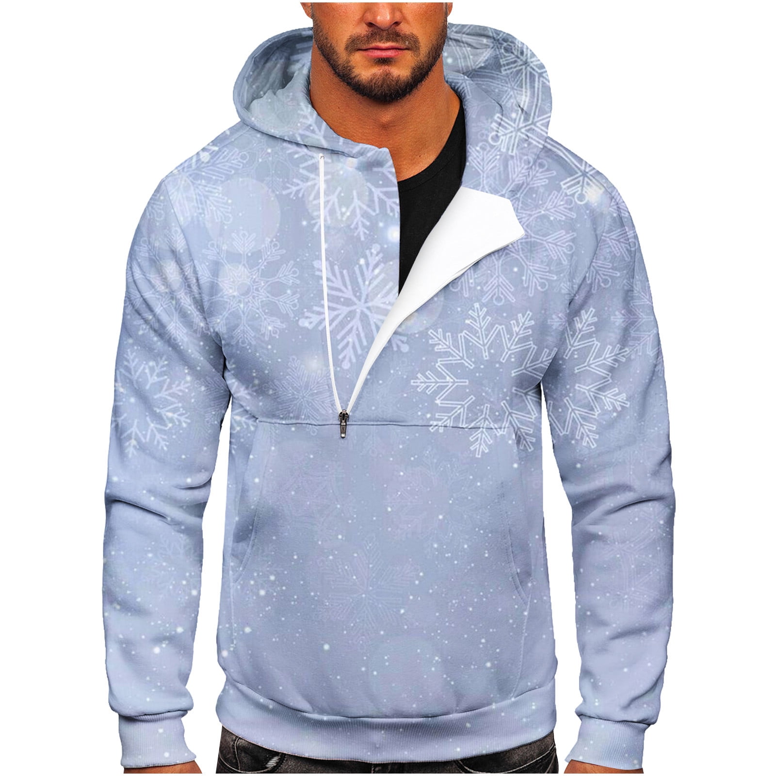 Mens Christmas Snowflake Print Sports Fitness Pullover Hooded Half-Zip  Drawstring Sweatshirt Tops with Pocket - Walmart.com
