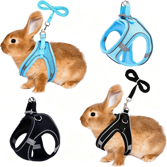 GASTROPOD 2Pcs Rabbit Harness and Leash Set,Double Buckle Bunnies Harness with Reflective Strips Soft Breathable Mesh Vest Harness for Rabbits Walks Accessories(Blue and Black)