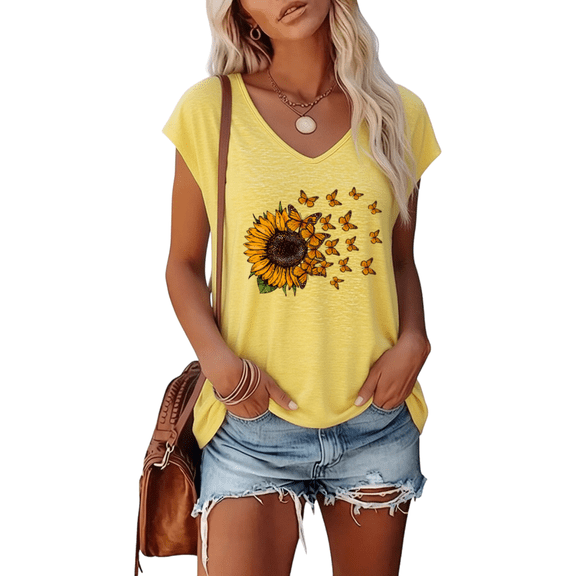 UNISHE Womens Floral Sunflower V Neck Short Sleeve T-Shirt Yellow Bohemian Daily S-5XL Tops