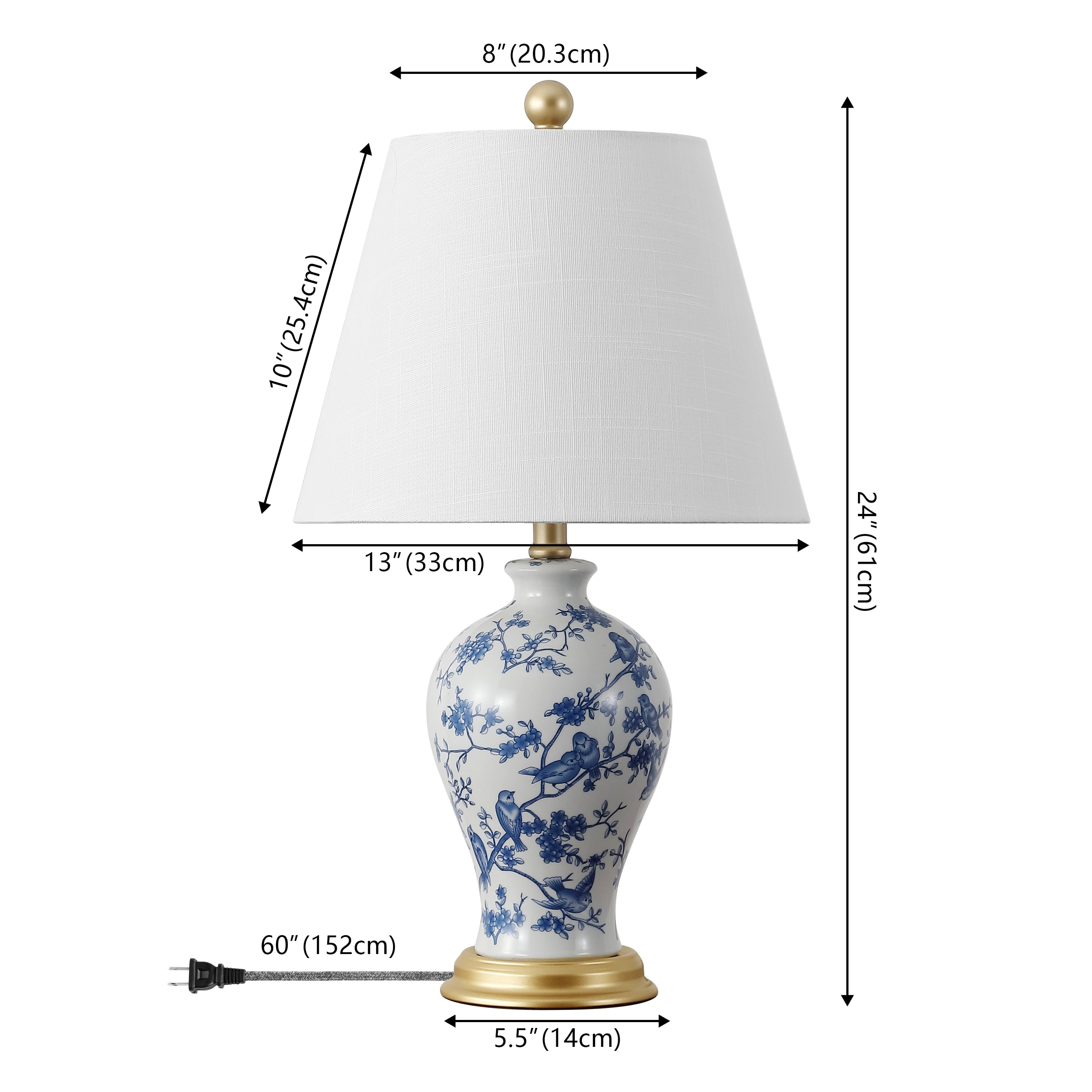 JONATHAN Y Grace 24" French Country Cottage Ceramic/Iron Floral Urn LED Table Lamp, Blue/White, JYL3009B