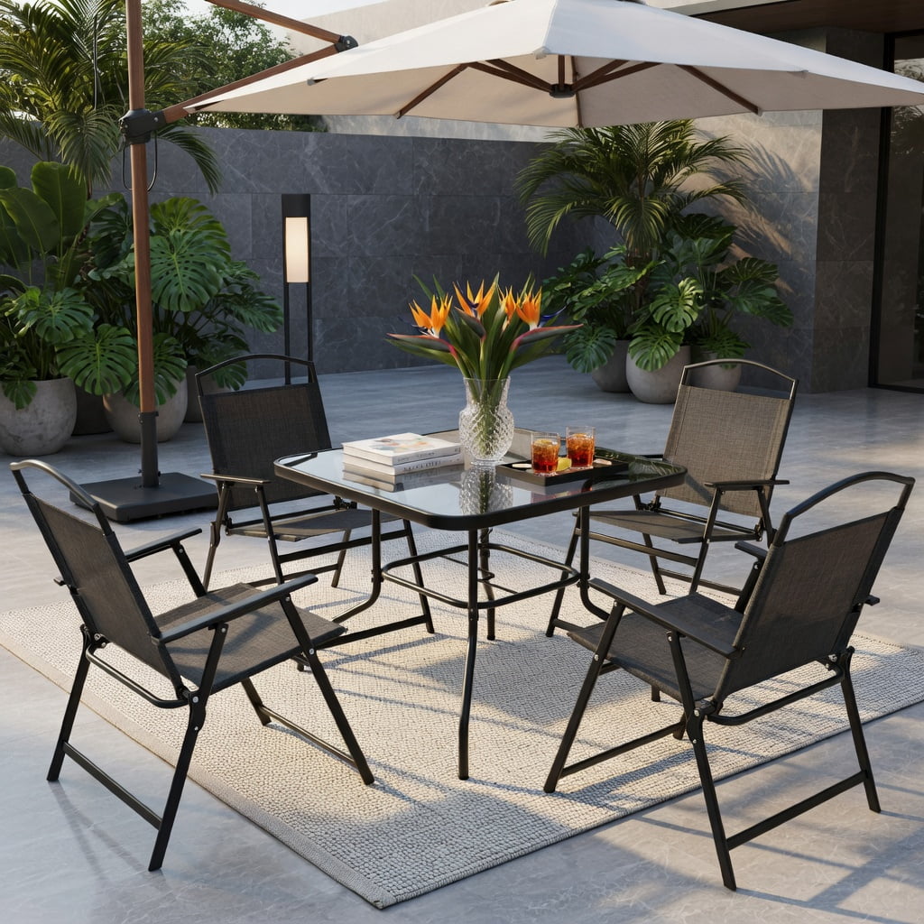 Hommoo 4-Pack Folding Patio Chairs, Heavy-Duty Steel Frame, Breathable Fabric Seats, Easy-Fold for Backyard, Poolside & Garden Use, Gray