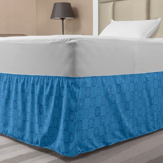 Winter Bed Skirt, Geometrical Pattern of Striped Shapes with Snowflakes Print, Elastic Bedskirt Dust Ruffle Wrap Around for Bedding Decor, 4 Sizes, Azure Blue Deep Sky Blue, by Ambesonne