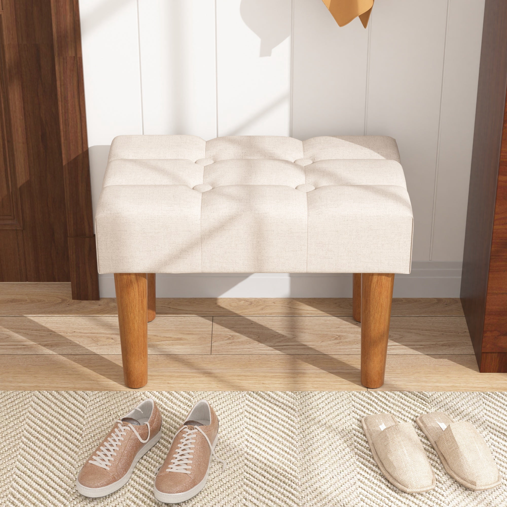 VECELO Small Tufted Foot Stool, Upholstered Footrest Ottoman with Legs, Fabric Rectangle Sofa Foot Rest for Living Room, Couch, Beige