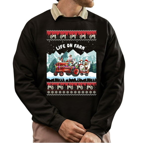 Christmas Sweatshirt, Life on Farm Holiday Ugly Christmas Sweatshirt, Funny Festive Tractor & Farm Animals Crewneck Sweatshirt for Parties & Gifts