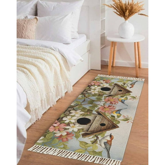 Birdhouse,Hallway Runner Rug 2x5ft,Farmhouse Leaves Country Vintage Animal Washable Woven Living Room Bedroom Kitchen Bathroom Carpet with Tassels,Indoor Outdoor Throw Door Mat for Entryway