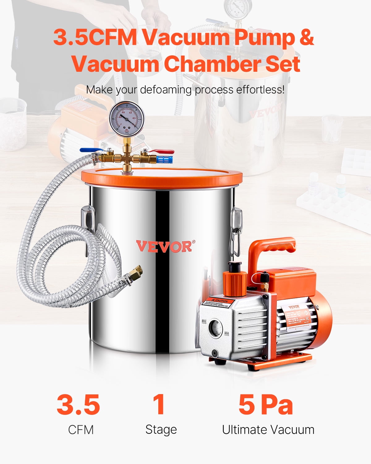 VEVOR 5 Gal Vacuum Chamber and 3.5 CFM Pump Kit, Stainless Steel Chamber, Single Stage Vacuum Pump Degassing Chamber Kit, with Acrylic Lid, Oil, 4.92 ft Hose, for Degassing Resin Silicone Epoxies
